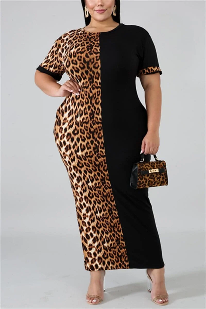 Casual Leopard Black Short Sleeve Dress
