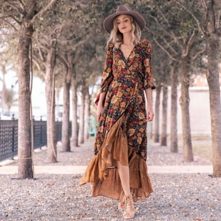 Brownm Women's Mid Waist Long Sleeve Vintage Print Dress