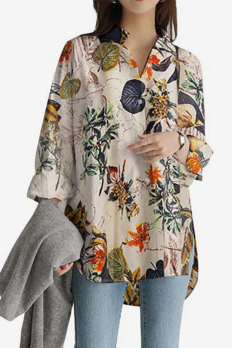 Long Sleeve V Neck Floral Print Linen Casual Blouse