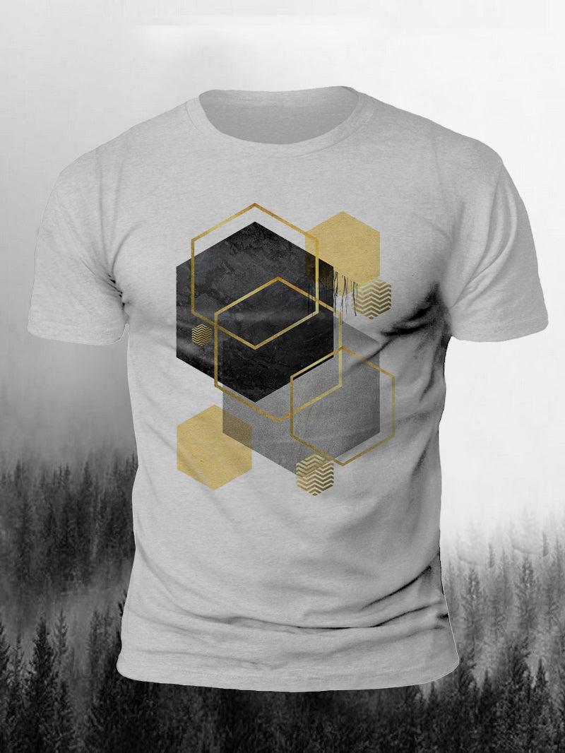 Men's Geometric Gold Overlaid Short-Sleeved Shirt