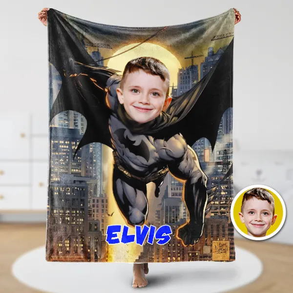 Custom Flying Bat Hero Boy Blankets Personalized Face & Name Hero Blanket Gifts For Boys elevenforest