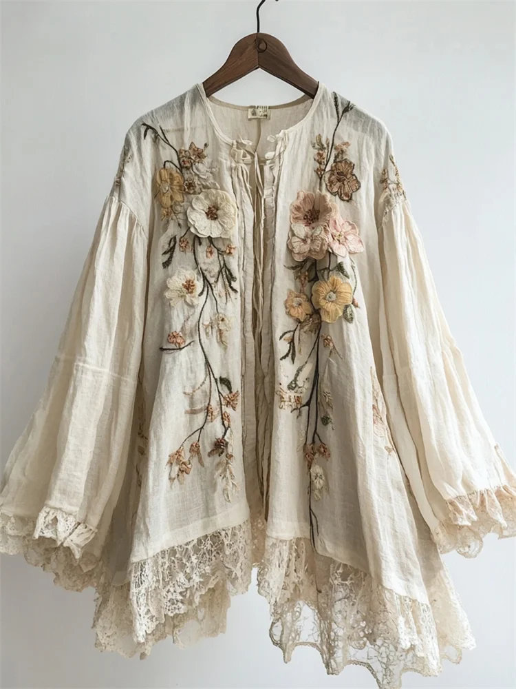 Lunivibe Vintage Floral Fiber Art Hollow Lace Hem Blouse