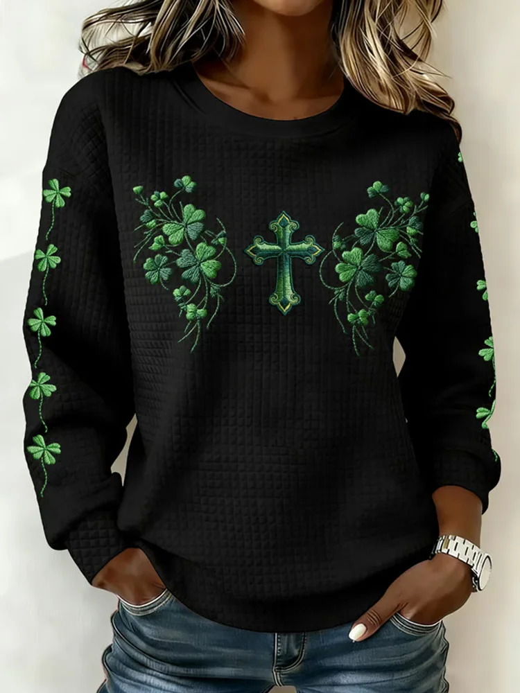 Women's Autumn_winter Clover Printed Crew Neck Casual Sweatshirt