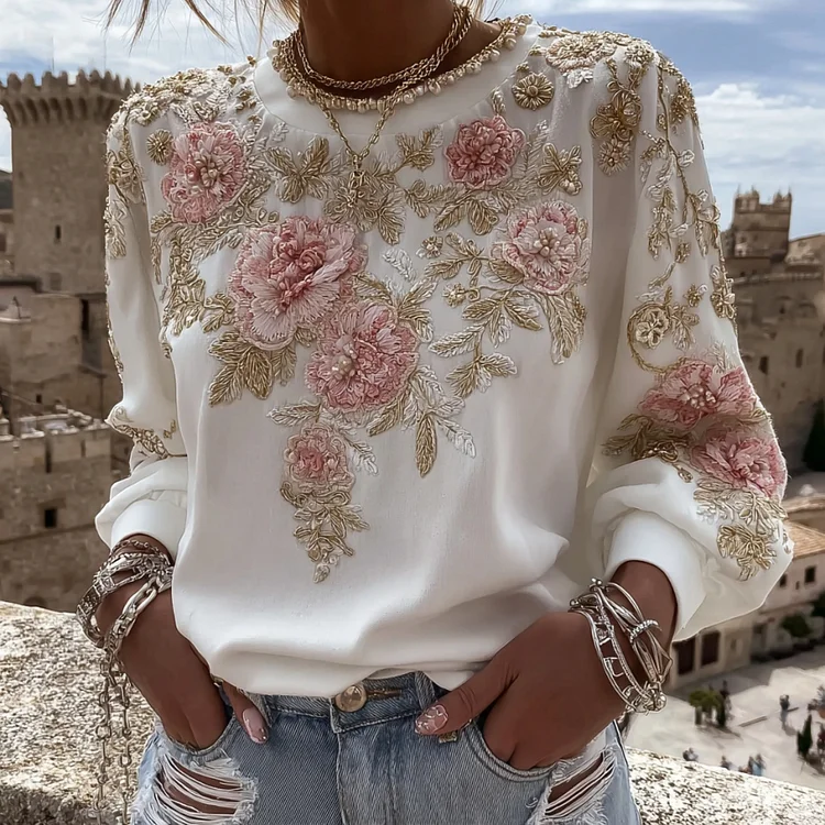 Women's Pink Flower Embroidery Art Round Neck Long Sleeve Casual Sweatshirt