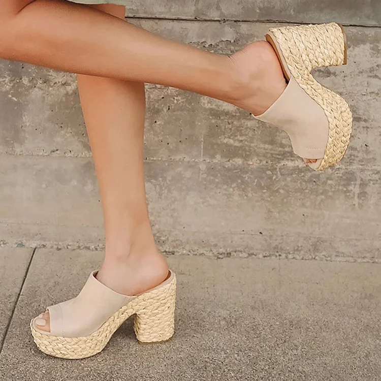 Beige Braided Platform Mules with Peep Toe and Block Heel Vdcoo