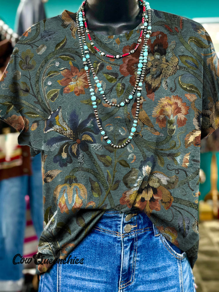 Vintage Floral Graphic Print T-Shirt Blue / S