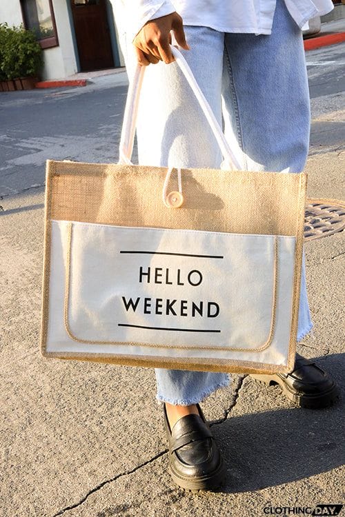 HELLO WEEKEND Jute Tote Bag