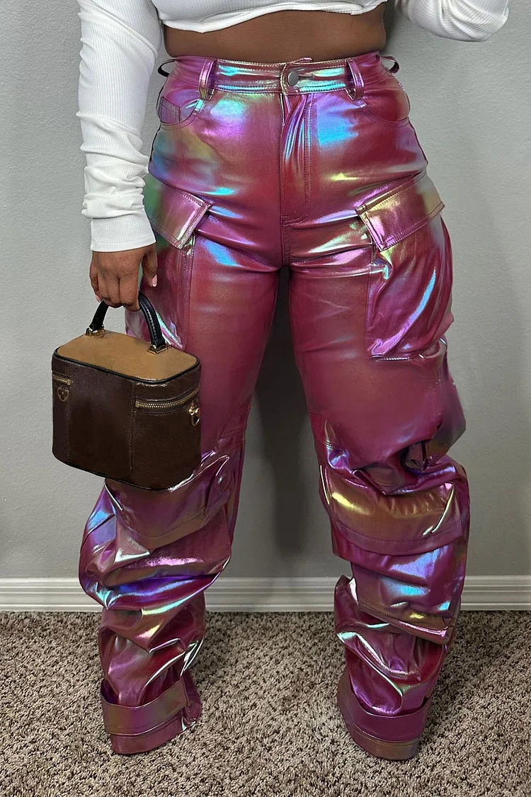 Plus Size Party Pants Casual Rose Fall Winter Cargo Metallic Pants With Pocket
