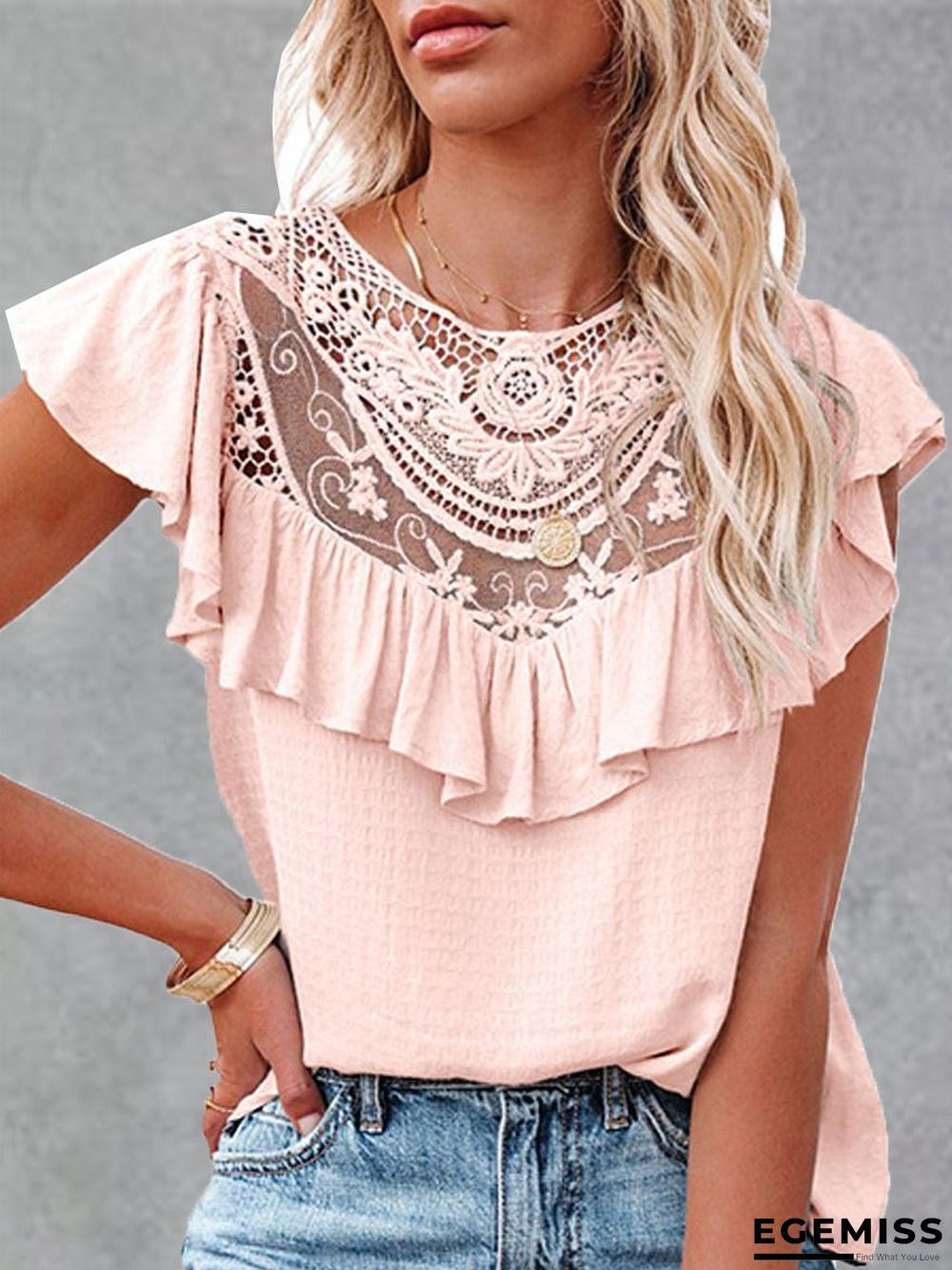 Fashion Lace Ruffle Short Sleeve T-Shirt | EGEMISS