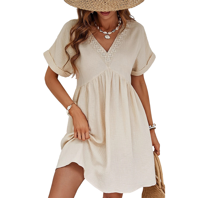 Mature Women Casual Summer Solid Color Short Sleeve Cotton Dress