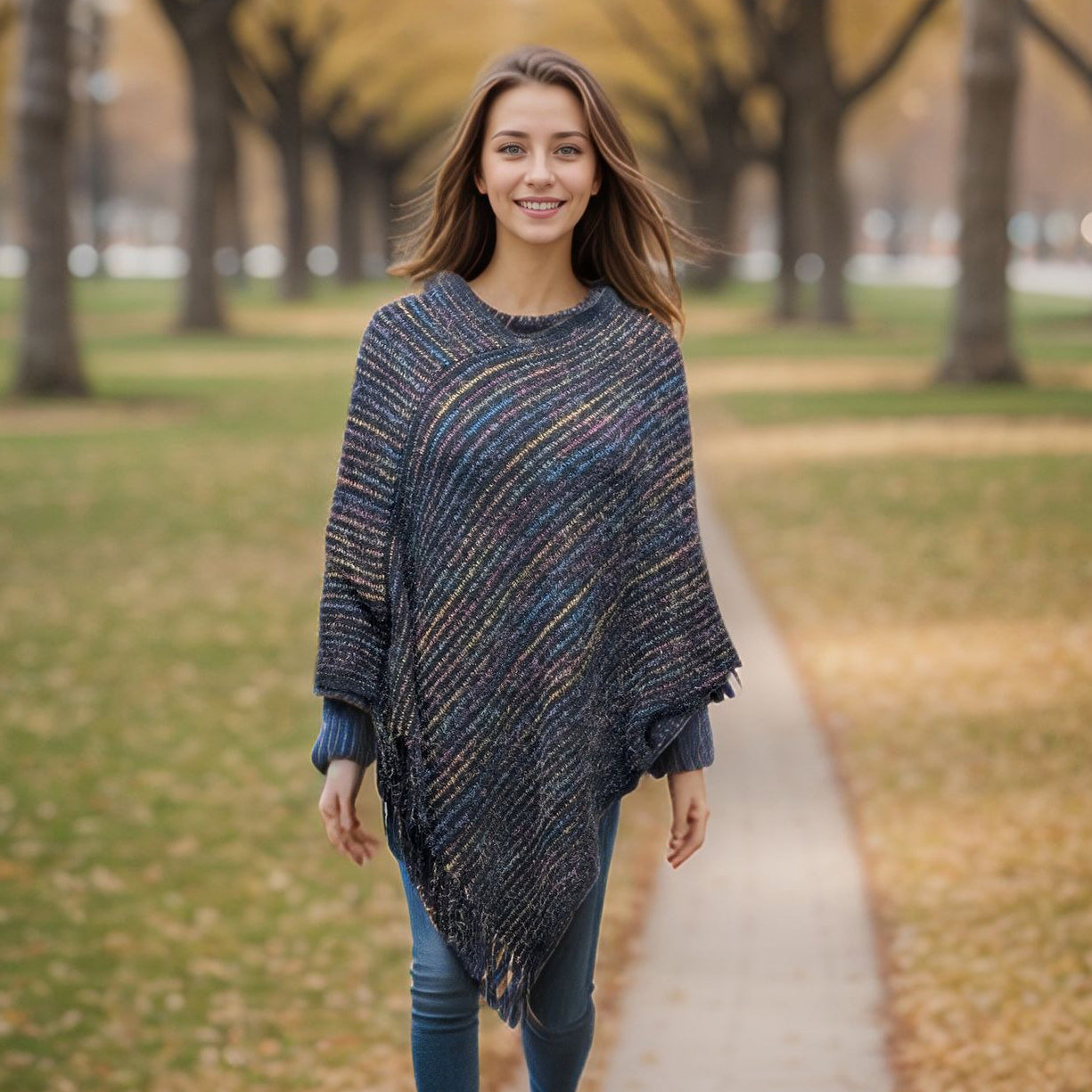 Catur - Striped Knitted Poncho - Black