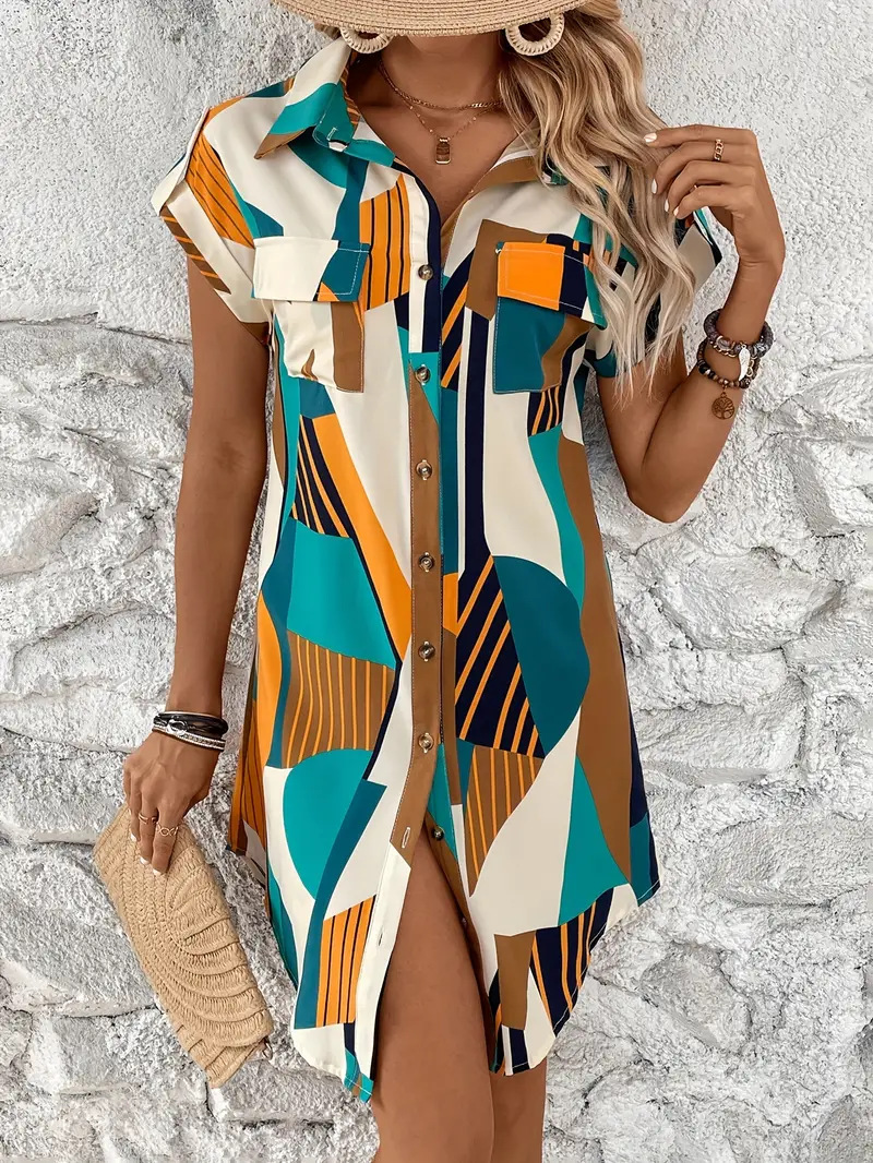 Mature Women Summer Fashion Geometric Printed Shirt Short Dress