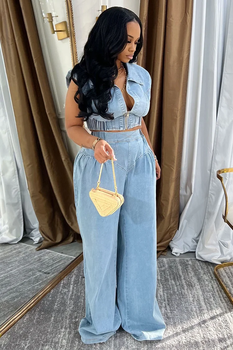 Zip-Up Vest High-Rise Quilted Wide Leg Pants Denim 2pcs Set-Blue [Pre Order]