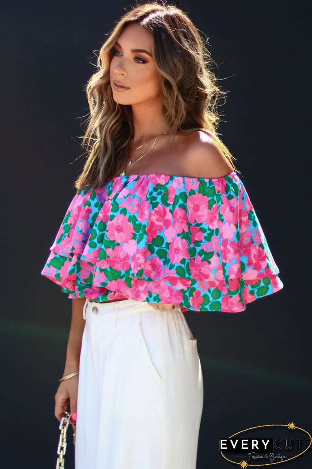Rose Floral Off-Shoulder Tiered Ruffle Blouse