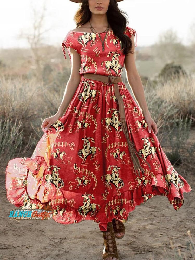 Women’s Red Rodeo Print Pocket Cotton Dress Multicolor / S