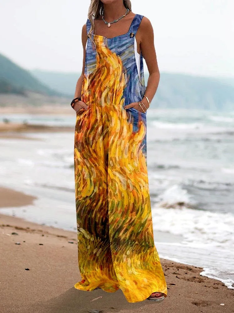 Women's Flame Print Casual Strap Wide Leg Pants
