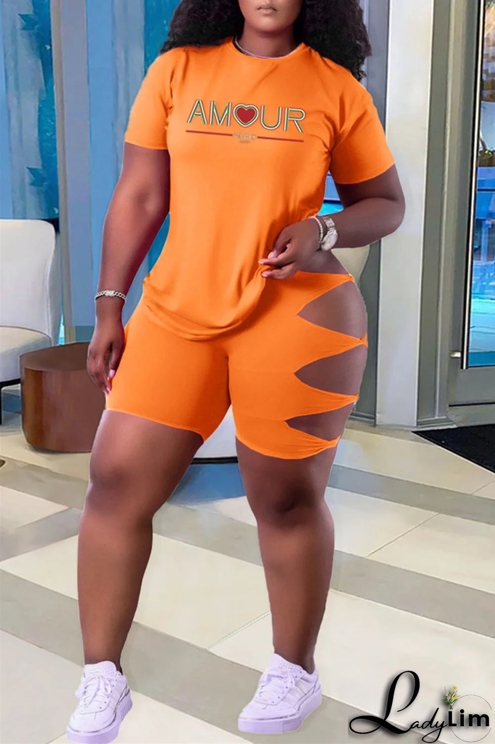 Green Fashion Casual Letter Print Ripped O Neck Plus Size Two Pieces