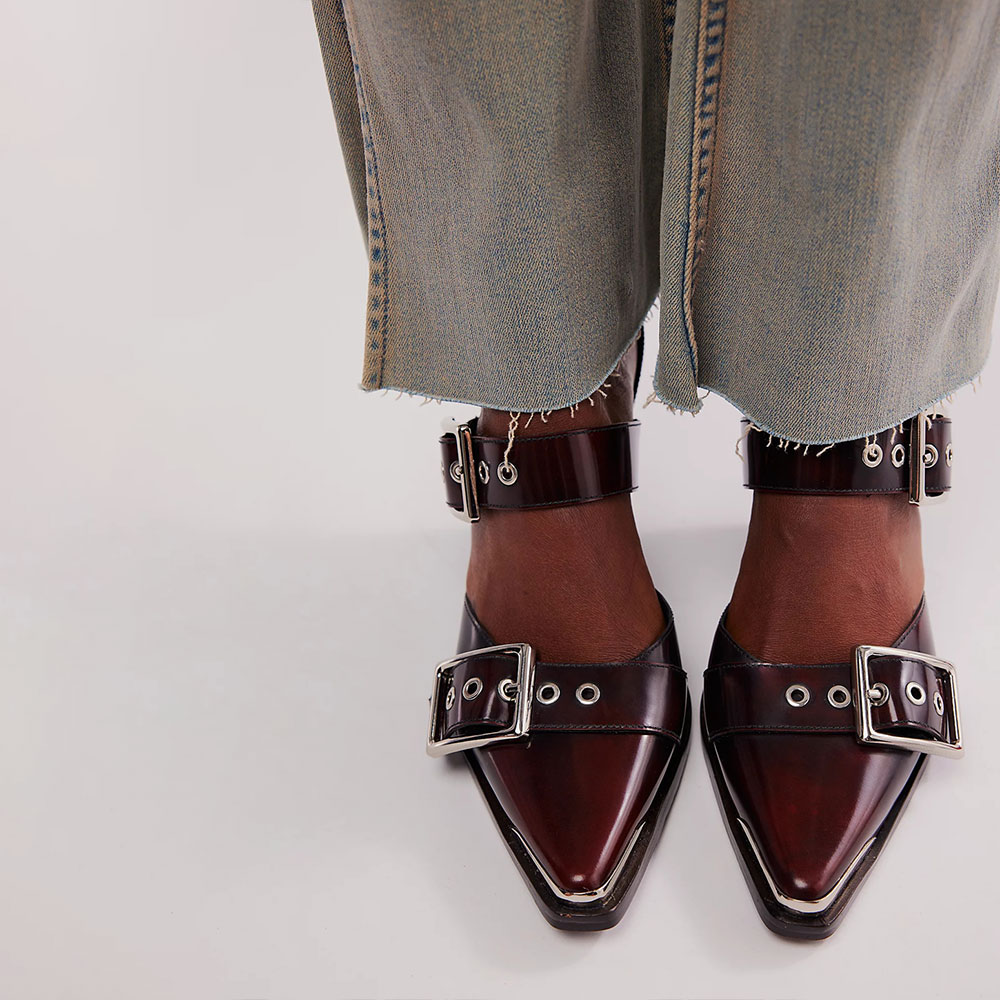 Maroon Pointed Toe Chunky Heel Buckled Grommet Strap Mary Jane Shoes Nicepairs