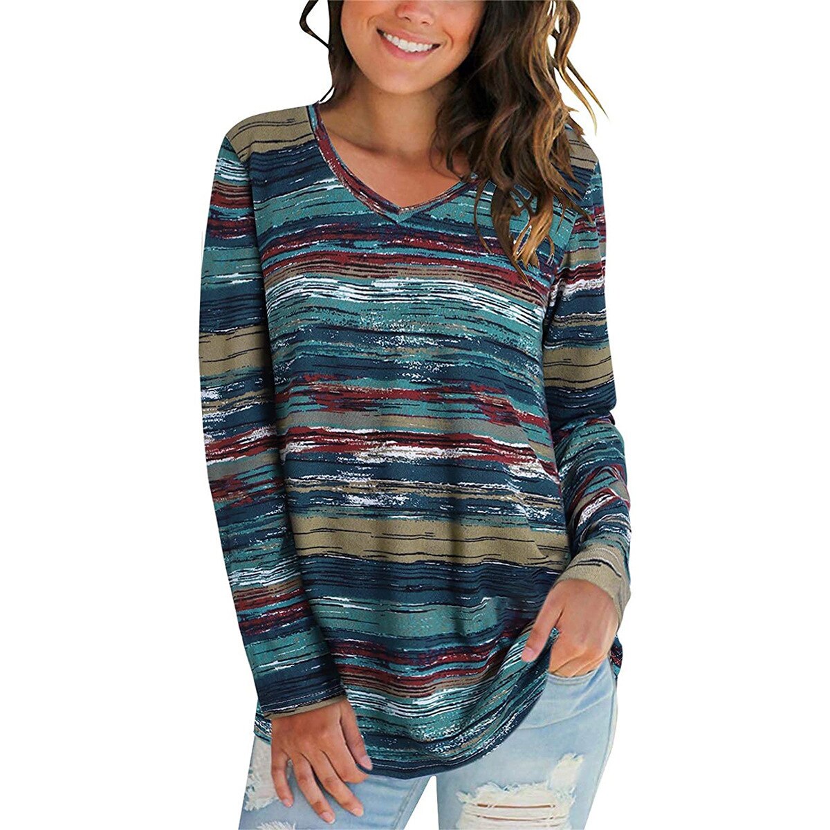 Sexy V Neck Long Sleeve Gradient Print Loose T-shirts Casual Spring Autumn Tie Dye Striped Tee Tshirt