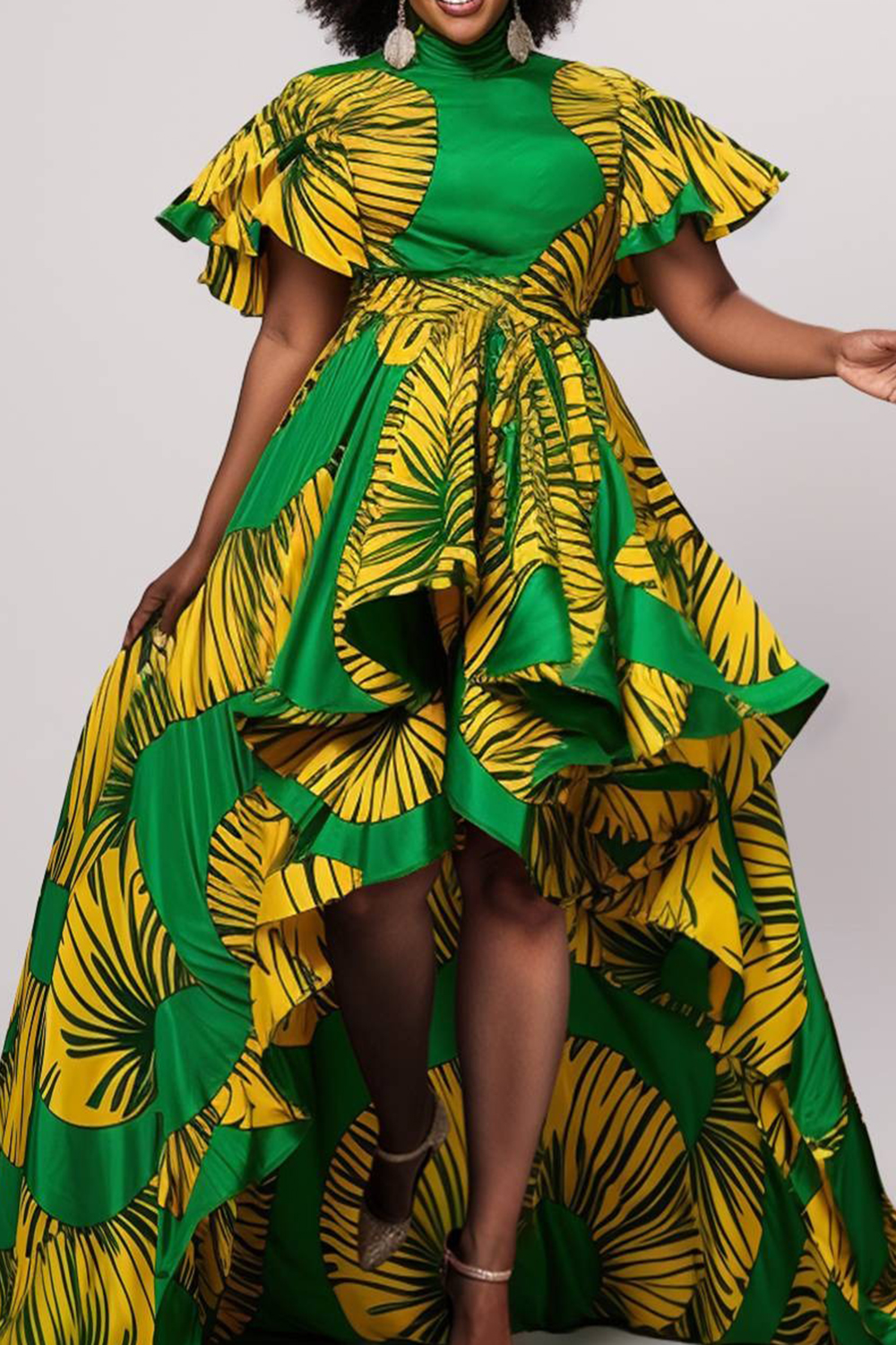 Design Plus Size Vacation Green All Over Print High Collar Ruffle Sleeve Flounce Maxi Dresses [Pre-Order]