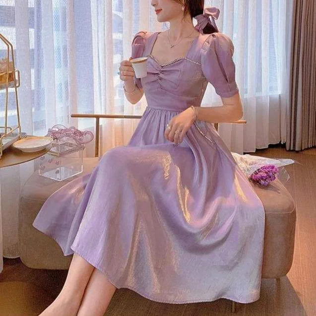 Elegant Purple Puffed Sleeves Dress SP16505