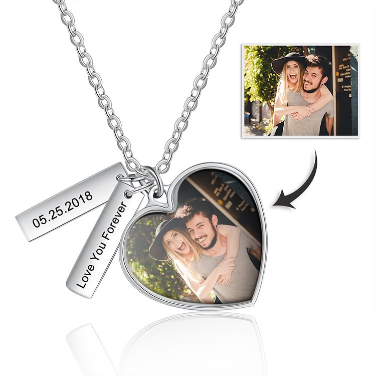 Heart Picture Necklace With Two Engraved Bars, Custom Necklace with Picture and Text