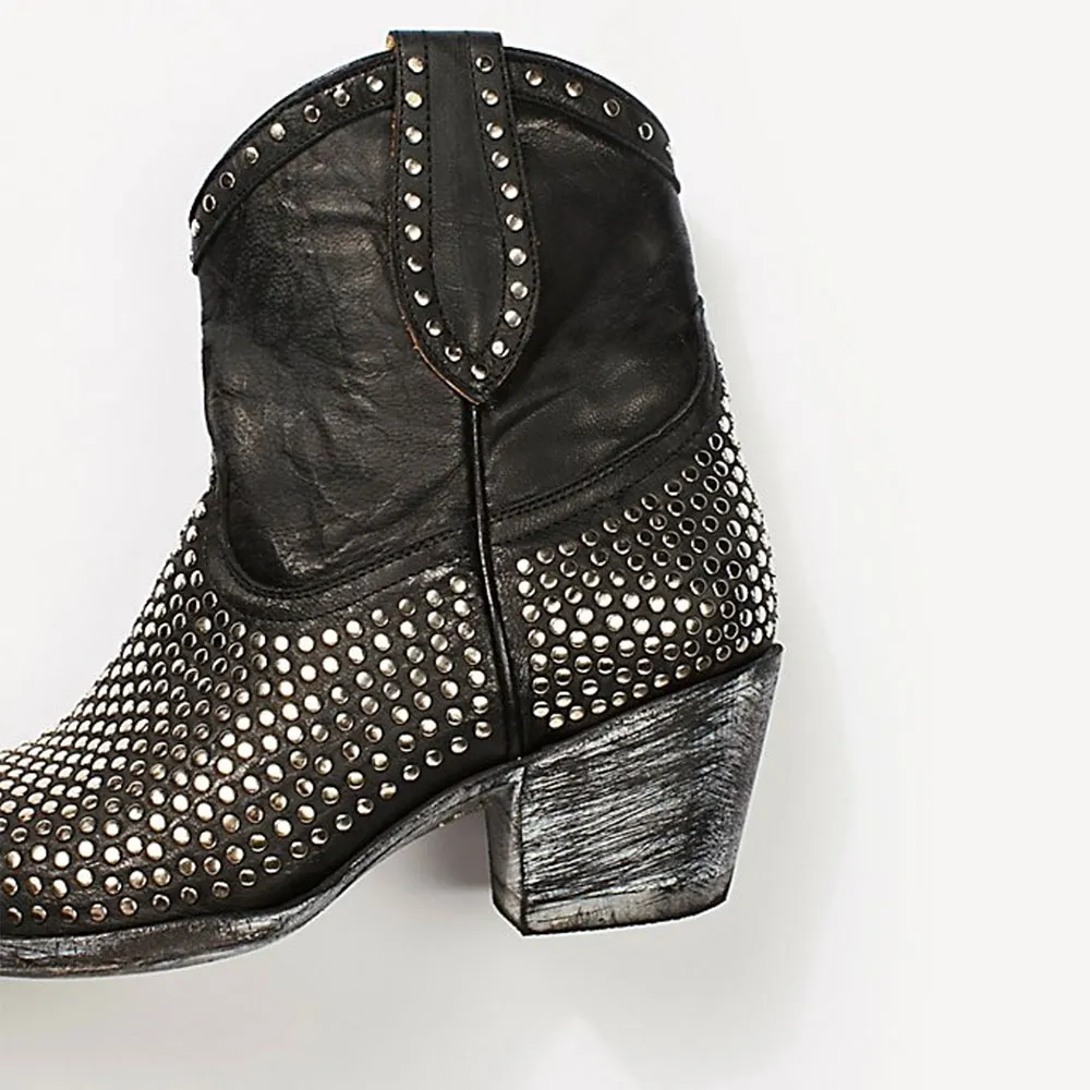 Black Pointed Toe Chunky Heel Side Zipper Studded Cowgirl Boots