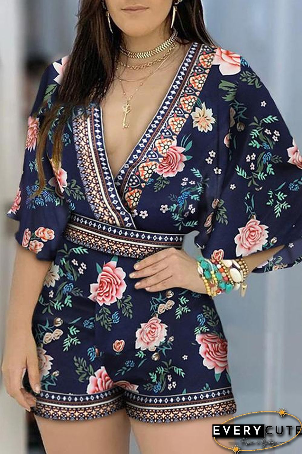Print V Neck Bat Romper