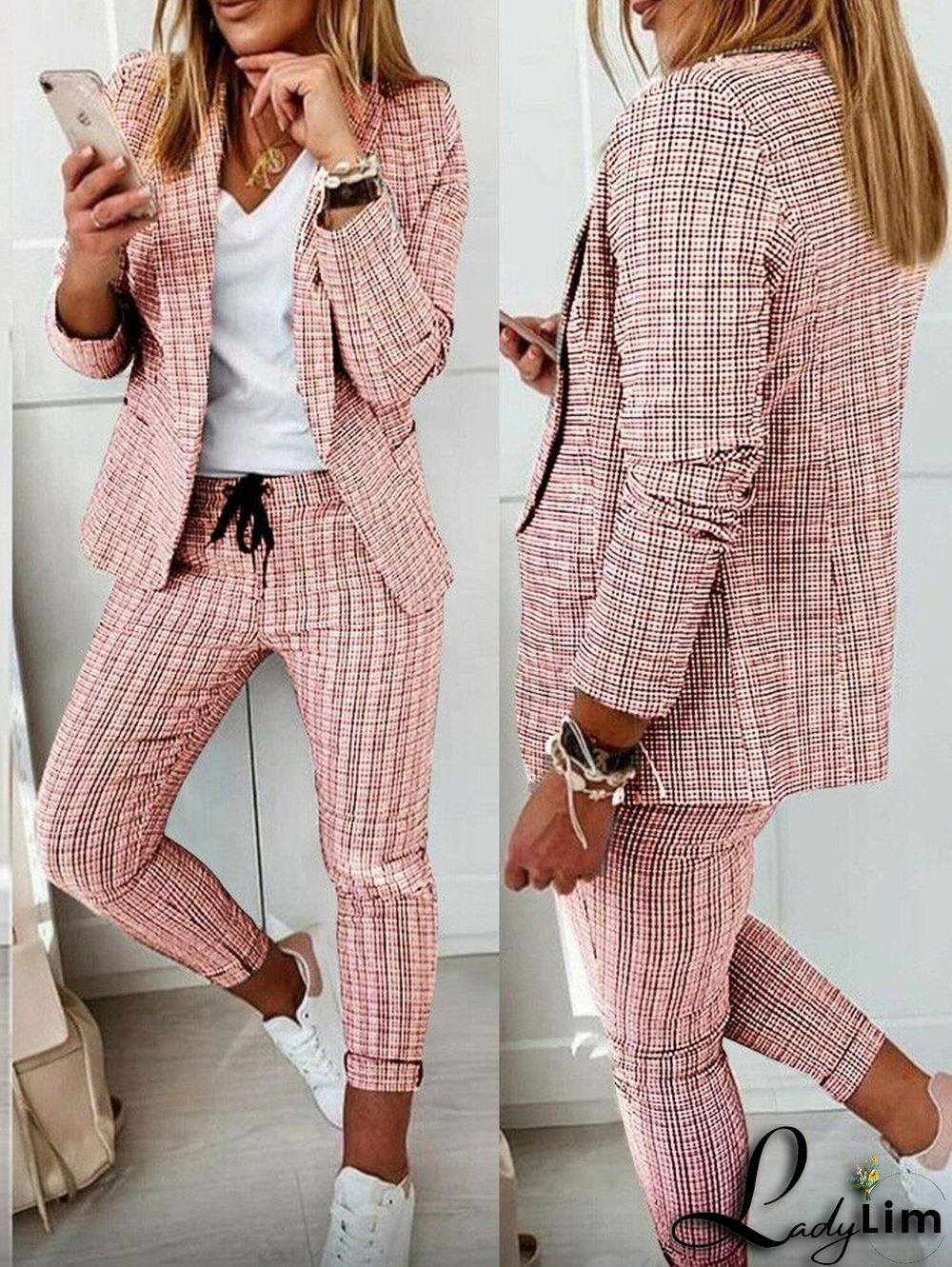 Casual Colorblock Allover Pattern Blazer & Pants 2 Pcs Set