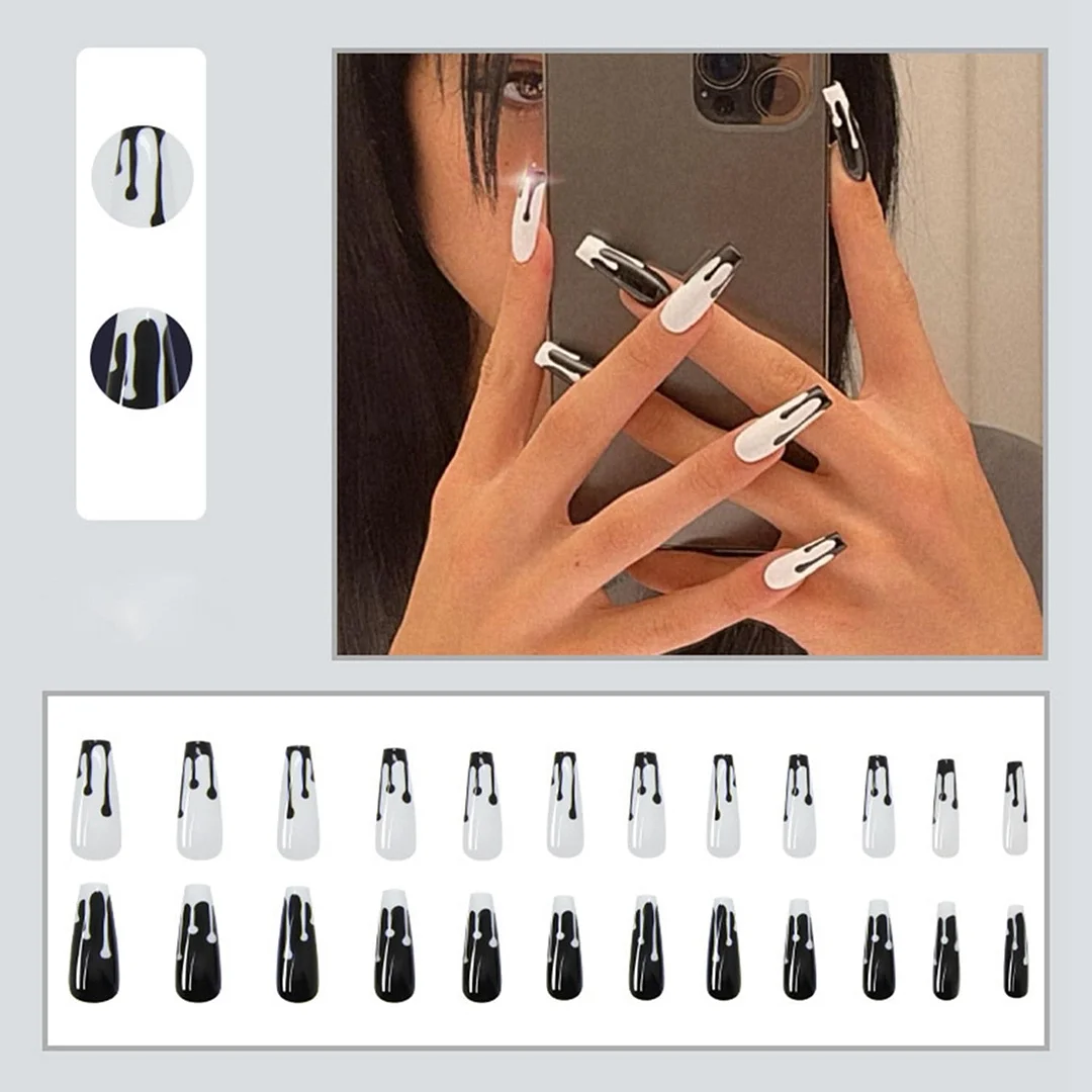 24pcs Coffin Fake Nails Long Mixed Black White Blood Pattern Press On Nails with Glue Removable Ballerina False Nails Full Tips