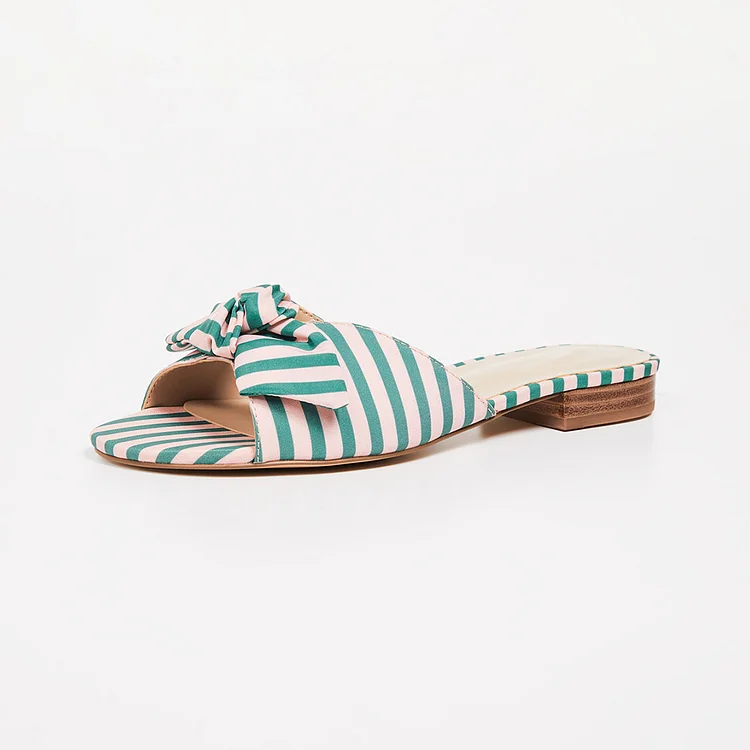 Green Open Toe Flat Mules Stripe Bow Women's Slide Sandals |FSJ Shoes