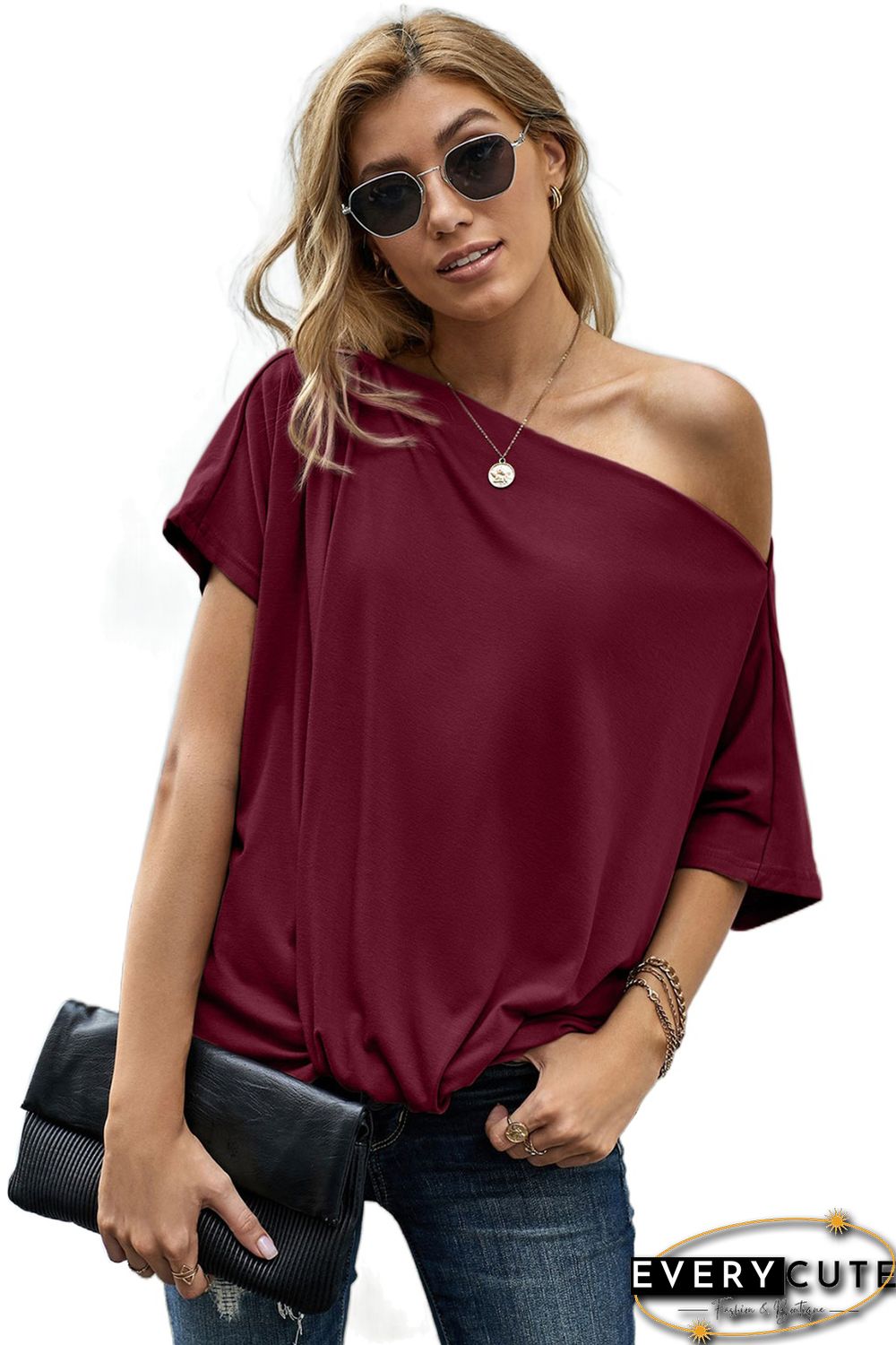 Red Off-The-Shoulder Slash Neck Casual Loose Fitting Top