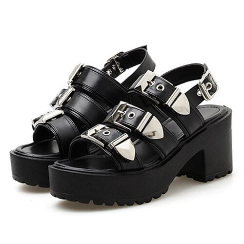 Gdgydh Fashion Buckle Gothic Shoes Summer Block Heels Rubber Sole High Quality Platform Sandals Women Gladiator Shoes Footwear