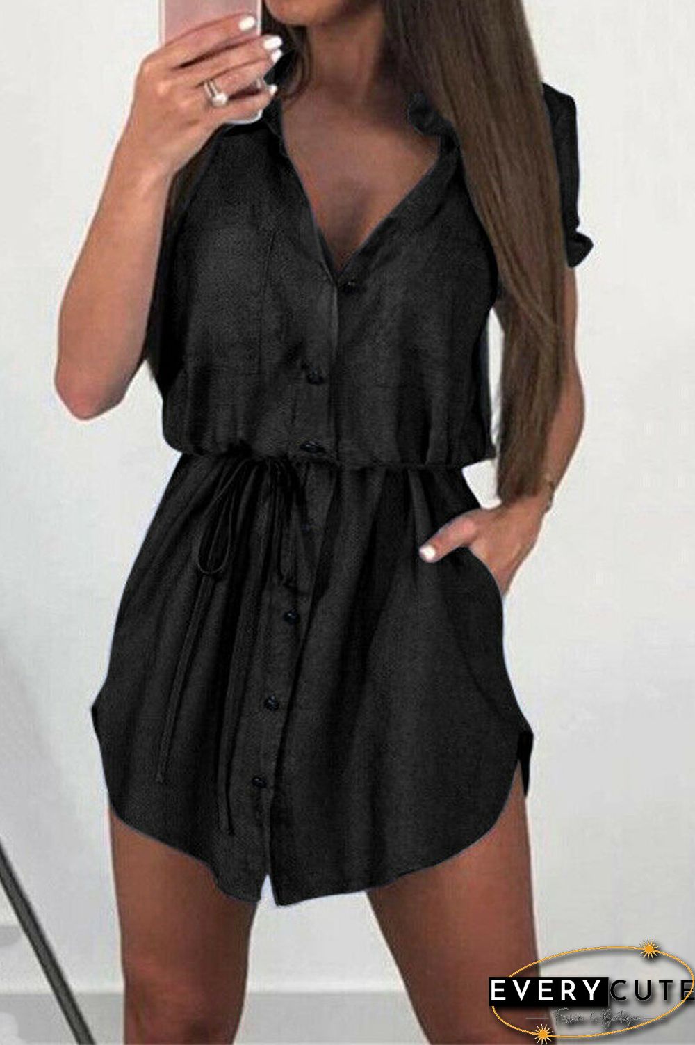 Denim Drawstring Waist Shirt Dress
