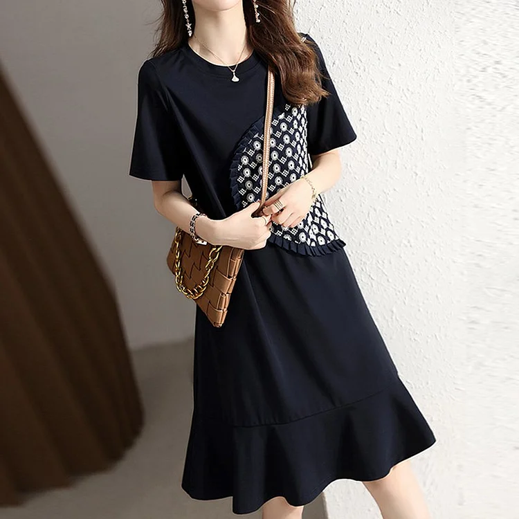 Navyblue Embroidered Short Sleeve Dresses QueenFunky