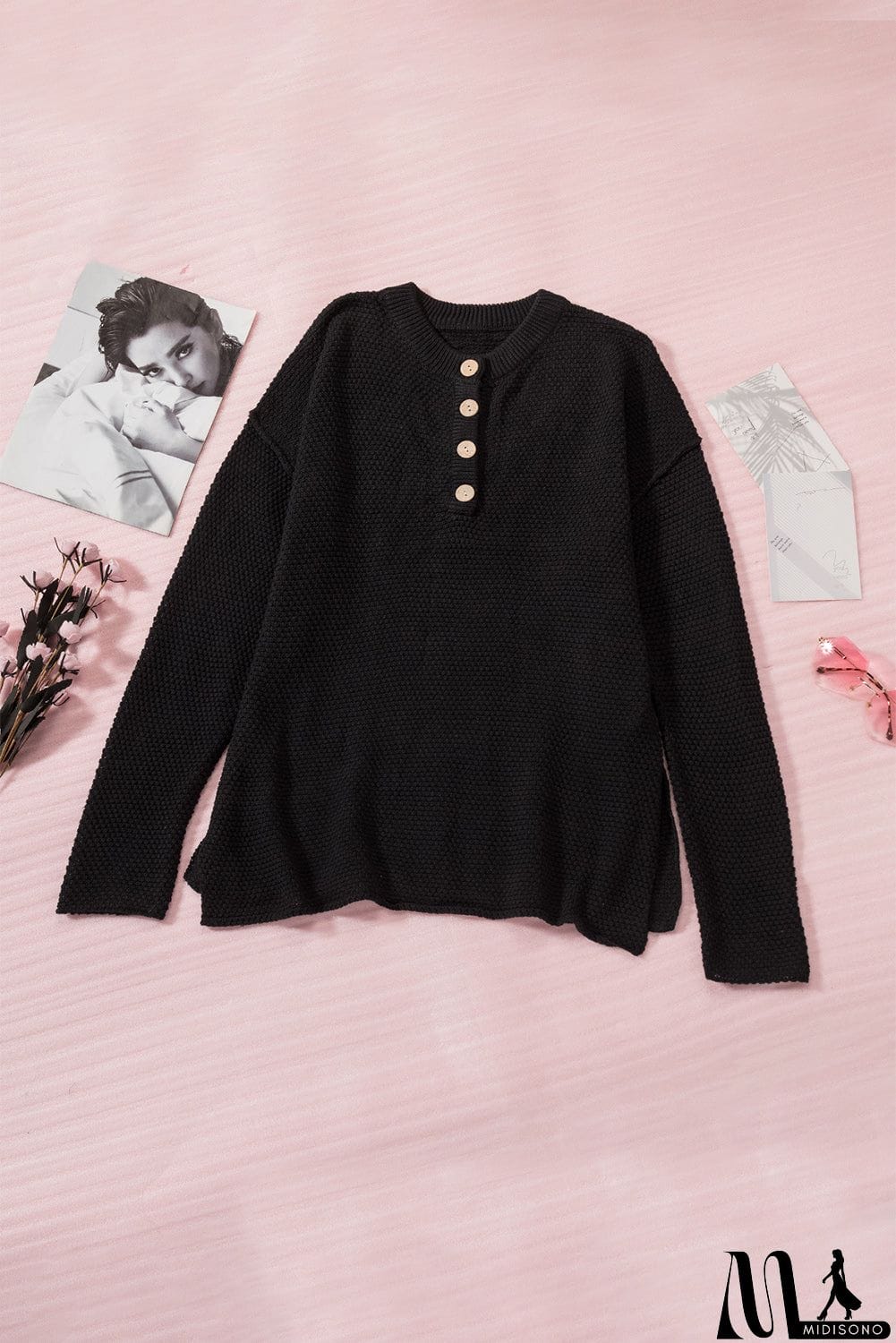 MidiSono - Women's Black Henley Pullover Drop Shoulder Sweater with Slits