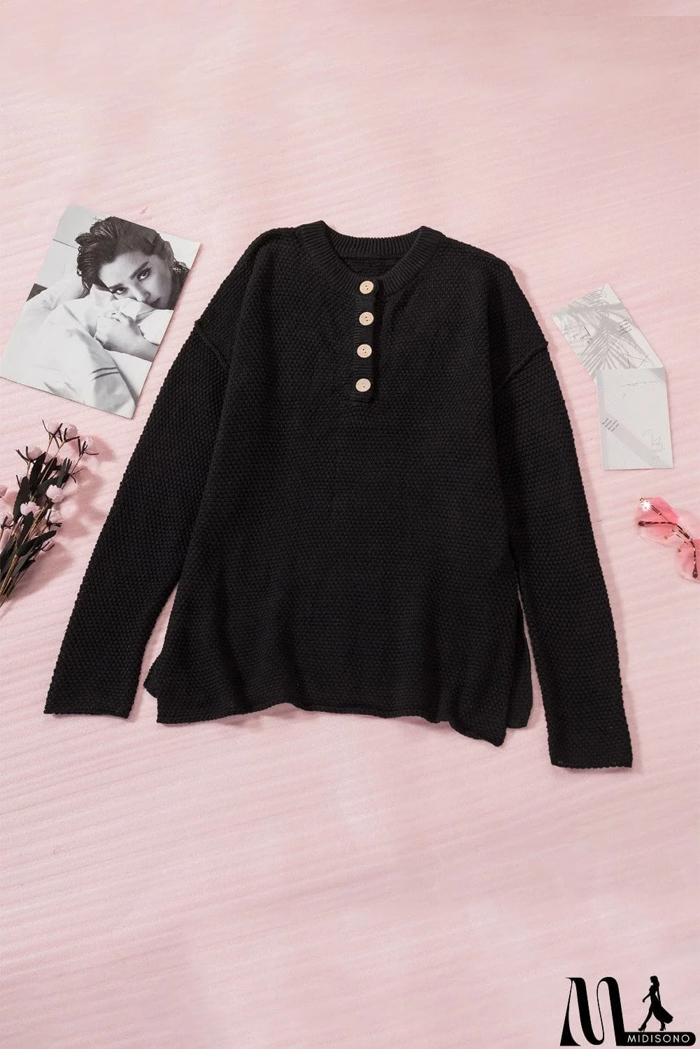 MidiSono - Women's Black Henley Pullover Drop Shoulder Sweater with Slits