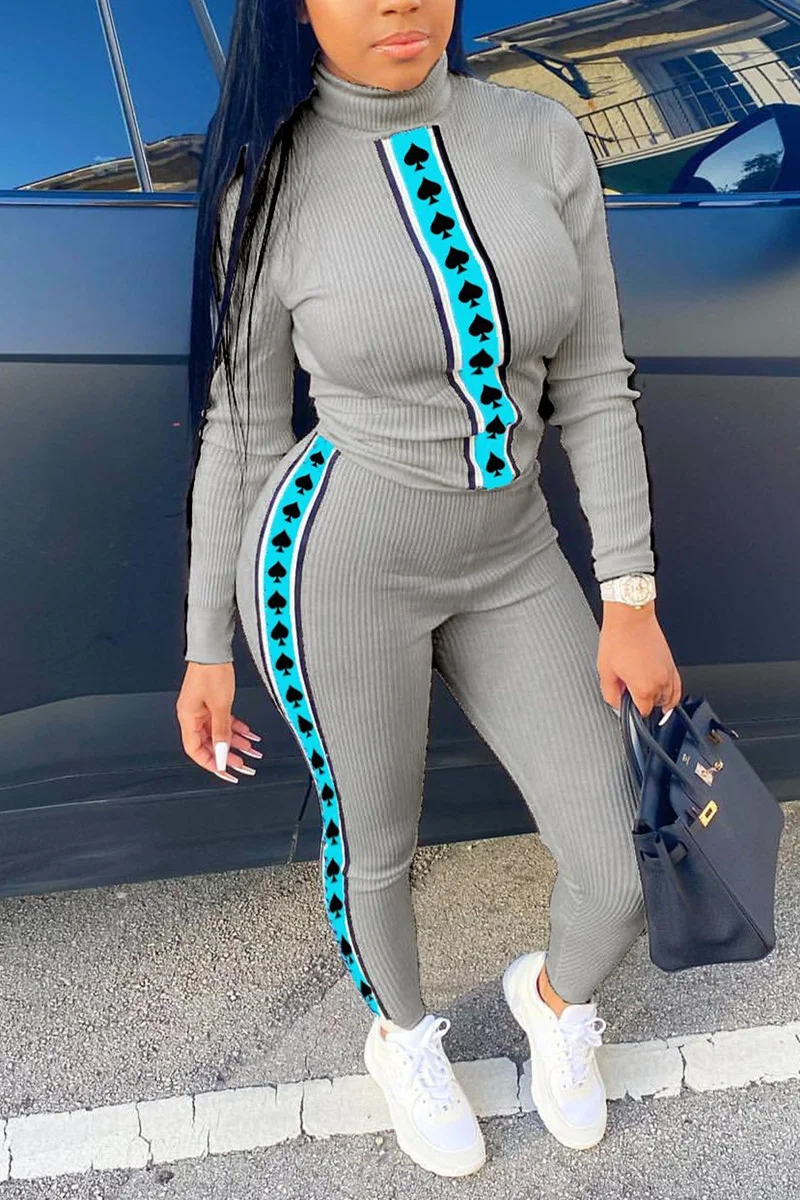 Grey Casual Print pencil Long Sleeve Two Pieces | EGEMISS