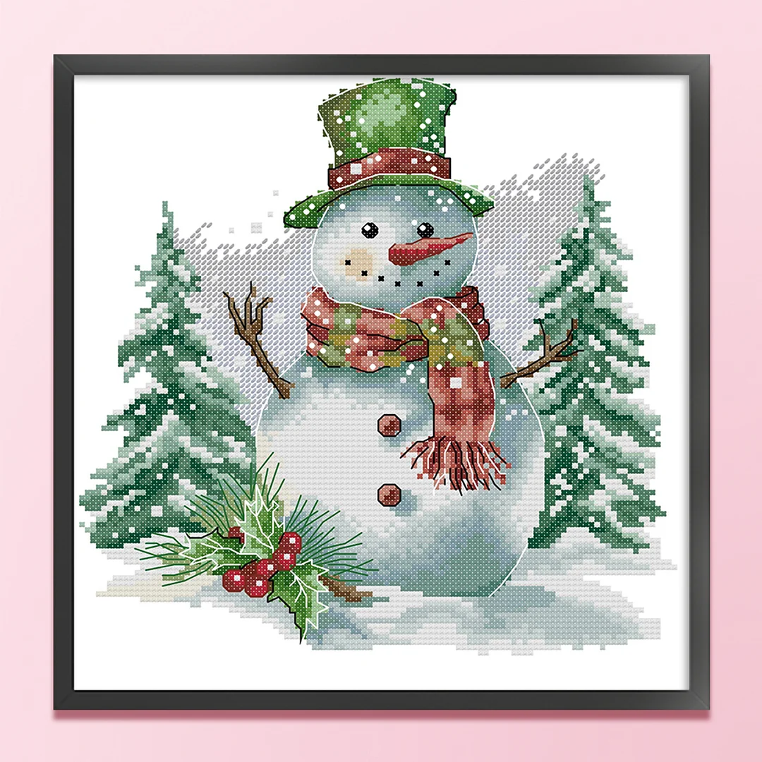Green Snowman Partial 14CT DIY Stamped Cross Stitch Kits for Adults 27x28cm