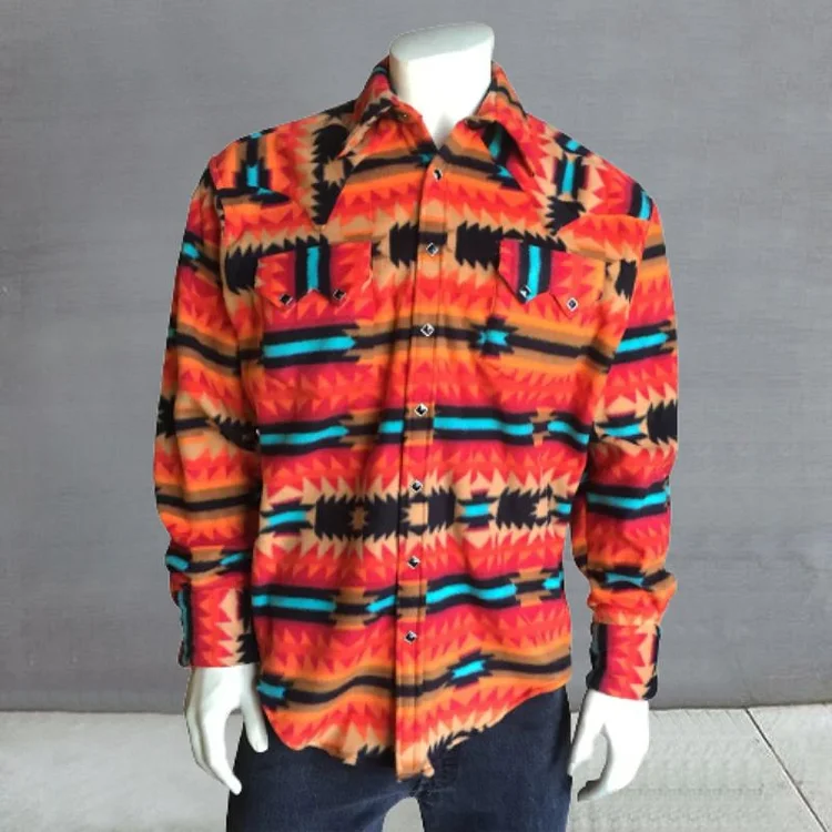 Men's Native Pattern Fleece Western Shirt in Red & Black
