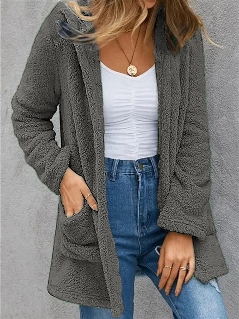Women plus size clothing Women's Hooded Fleece Cardigant Solid Color Stitching V-neck Long Sleeve Coat-Nordswear