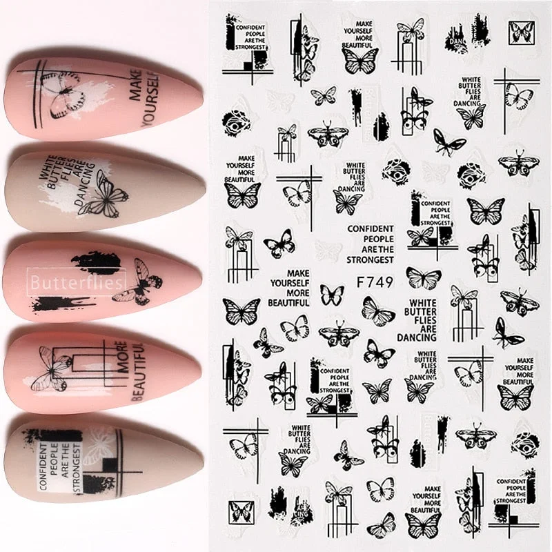 1PC Black And White Butterfly Pattern 3D Nails Sticker Flower Geometrics Lines Decals Slider For Nails DIY Decorations Manicures