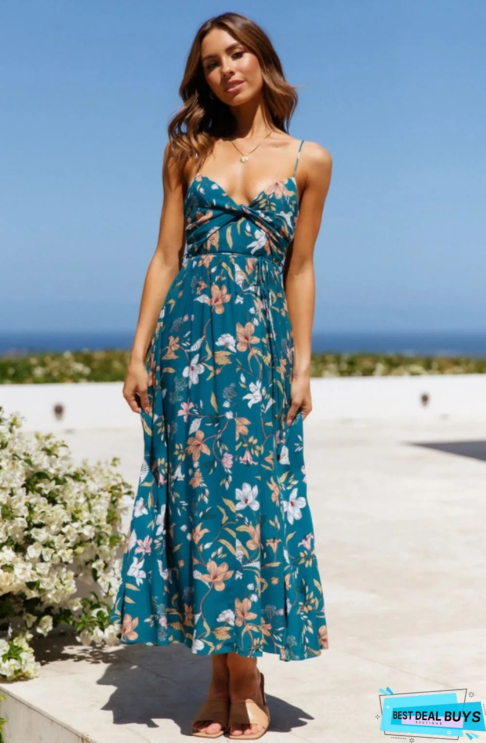 V-Neck Sling Printed Bohemian Beach Dress