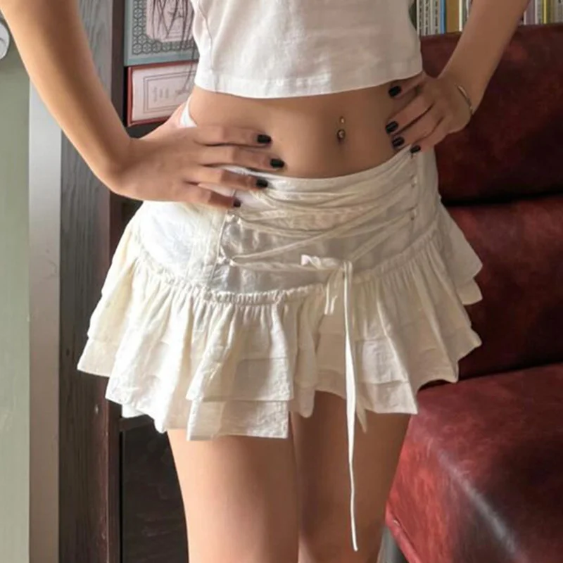 Huibahe Style Criss-cross Y2K Lace-up High Waist Mini Skirts White Holiday Casual Kawaii A-line Skirt Sweet Bottoms Japanese