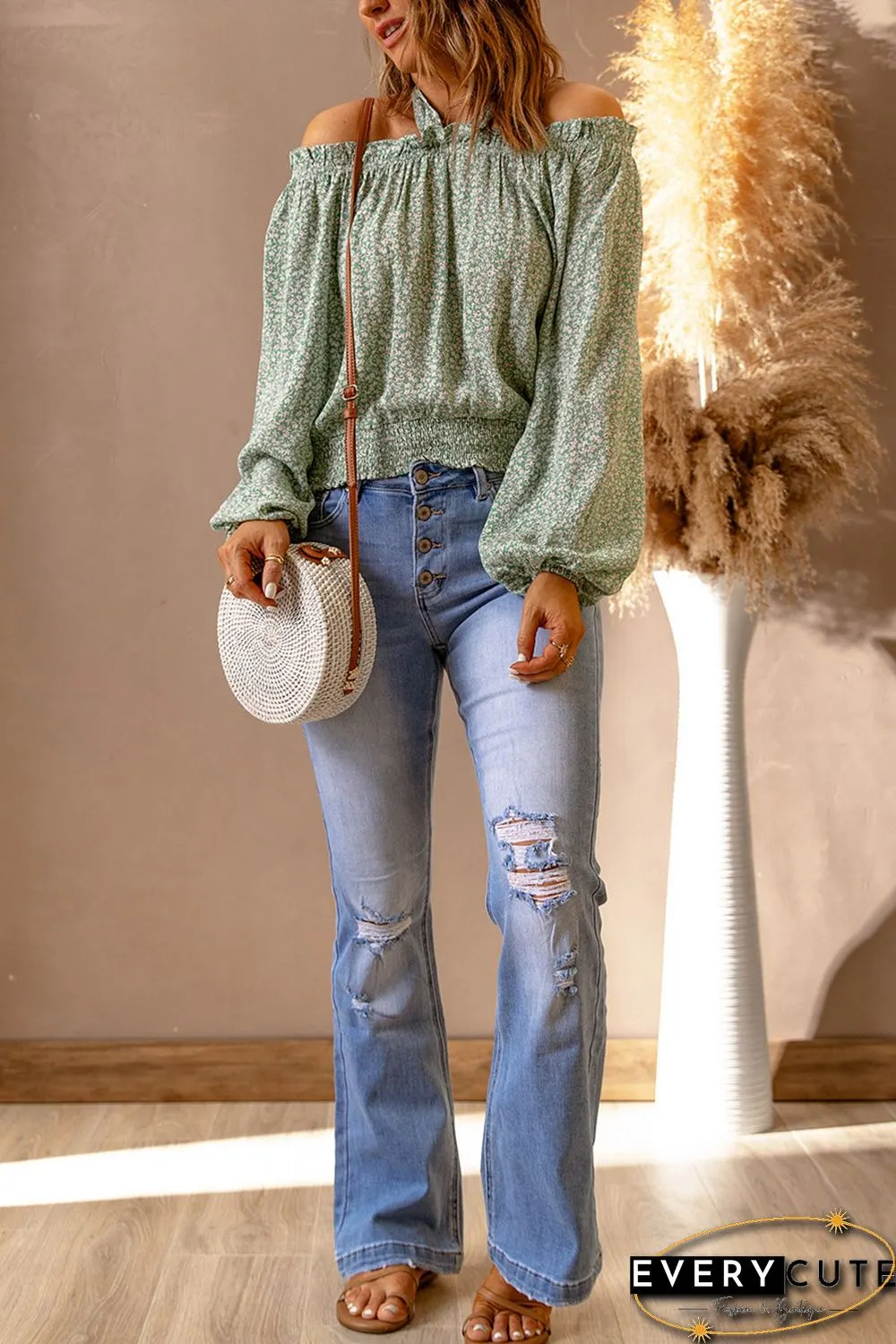 Green Floral Print Halter Off-shoulder Blouse