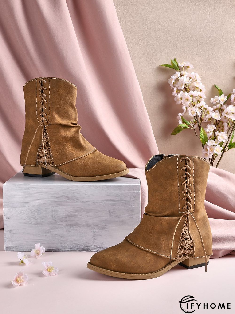 Women's Cross Lace Lace Panel Vintage Chunky Heel Chukkas Booties | IFYHOME