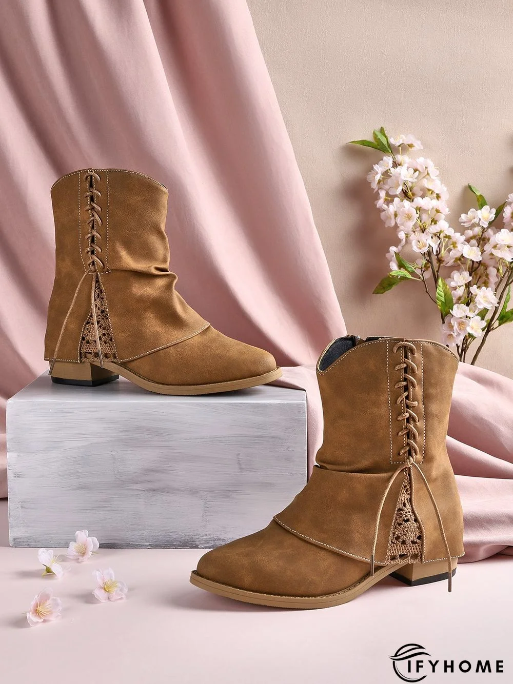 Women's Cross Lace Lace Panel Vintage Chunky Heel Chukkas Booties | IFYHOME