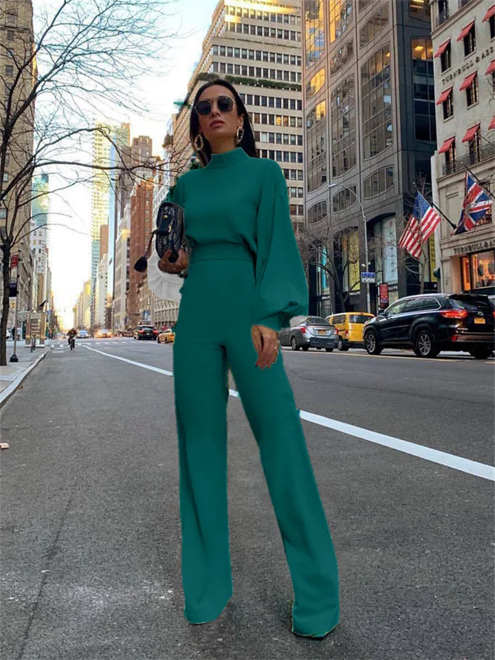 Women's Basic Fashion Streetwear Party Daily Crew Neck Green White Black Jumpsuit Solid Color Zipper Lantern Sleeve-Cosfine