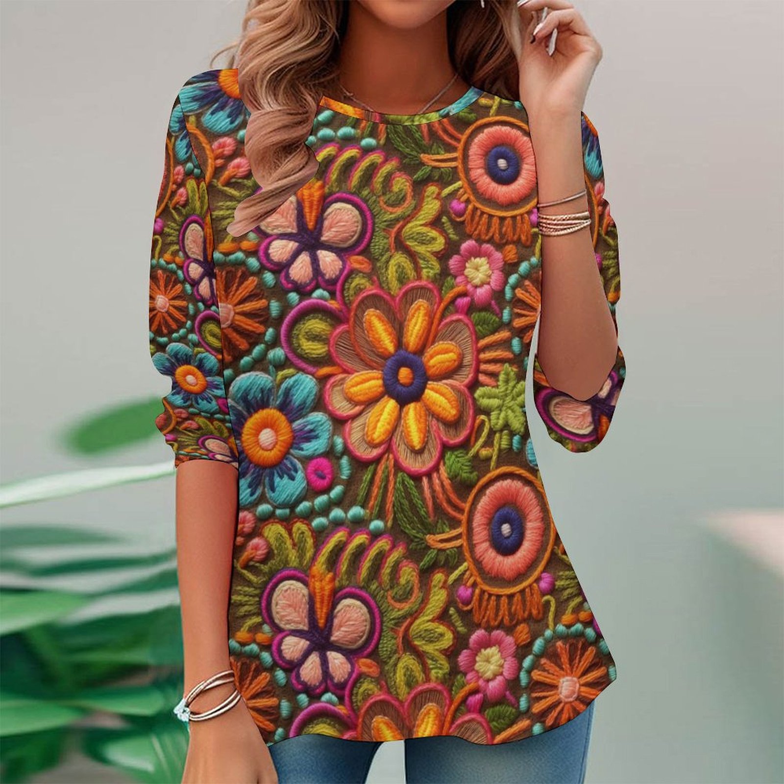Women Long Sleeve V-neck Graphic Floral Printed Top
