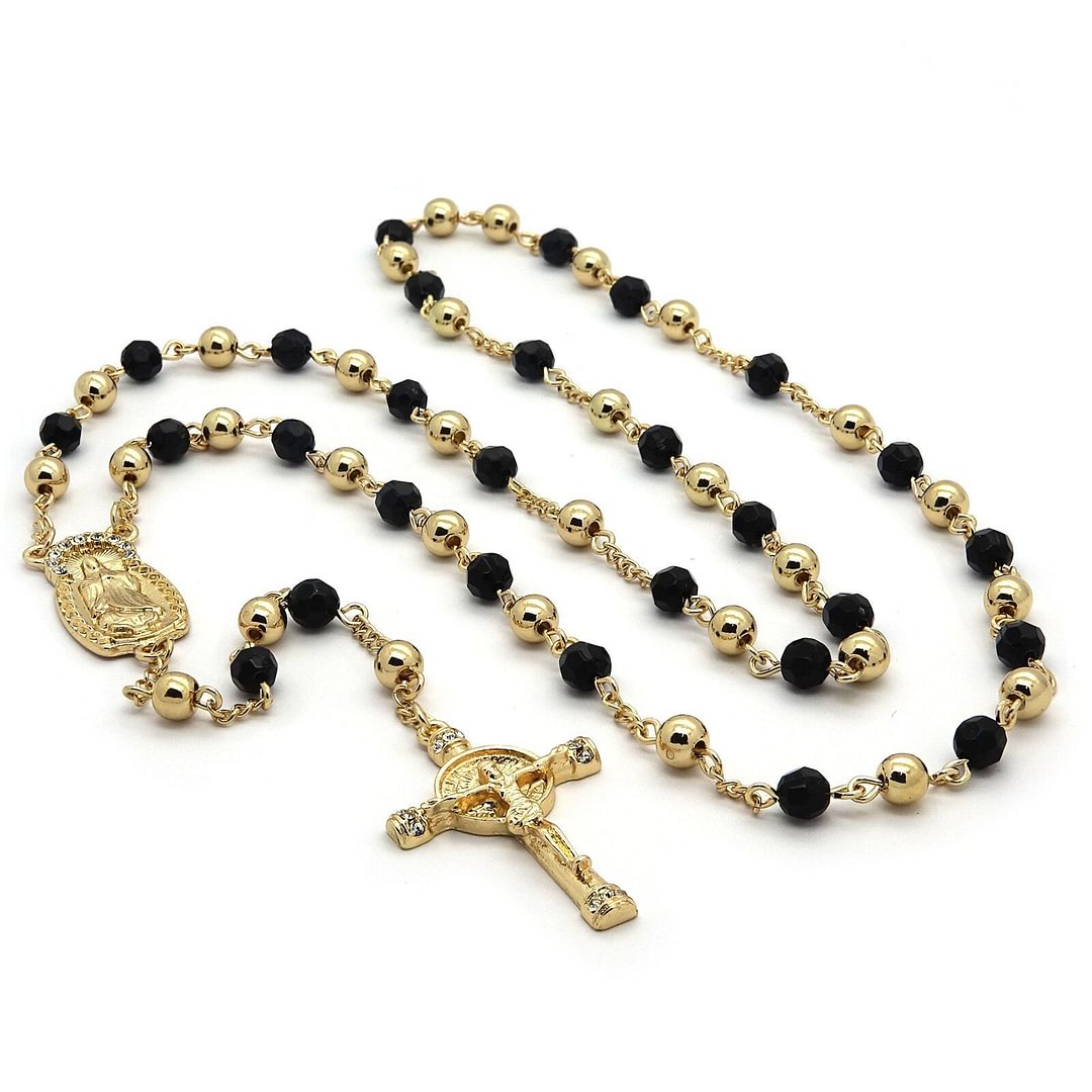 GOLD-BLACK TONE Crystal Beads Rosary With D-Shape & Cross-VESSFUL